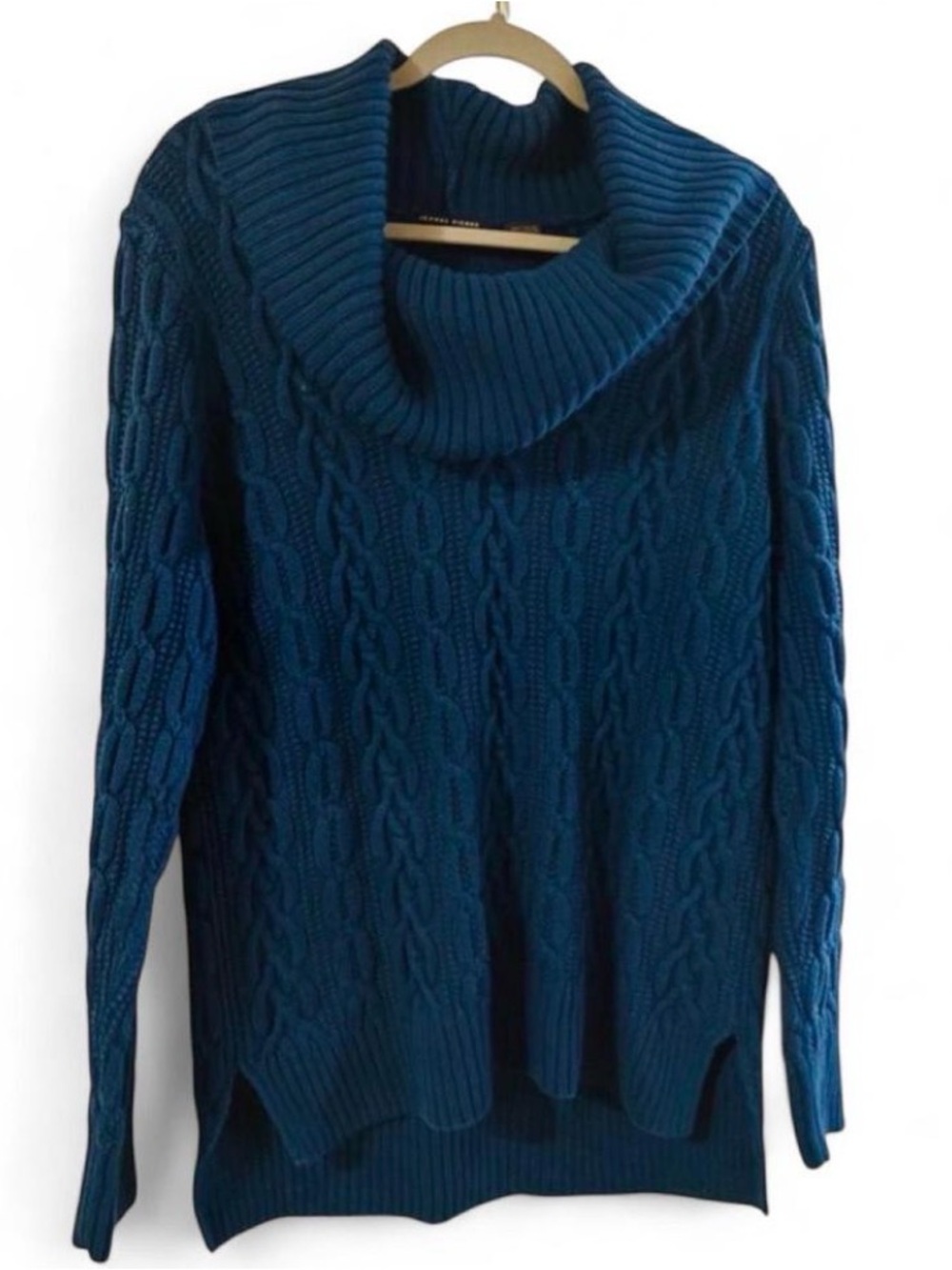 JEANNE PIERRE Teal Cable Cowl Neck Sweater